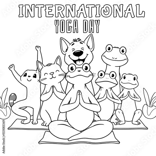 Cute Animals Practicing Yoga - International Yoga Day Coloring Page