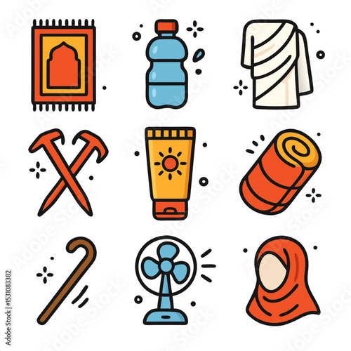 Prayer rug, water bottle, towel, walking sticks, sunscreen, sleeping bag, fan, woman with headscarf. Perfect for outdoor, adventure and cultural travel concepts.