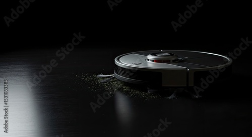 Round Robotic Vacuum Cleaner Cleaning Floor with Dust Particles on Dark Background