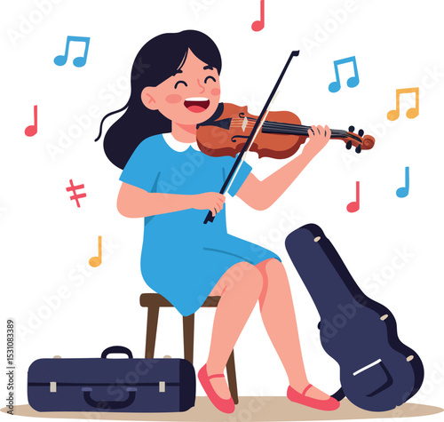 Girl playing violin with music notes in colorful illustration vector artwork 