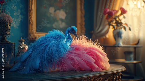 Vibrant bird with dual-toned plumage, nestled on an ornate antique table, within a lavishly decorated room