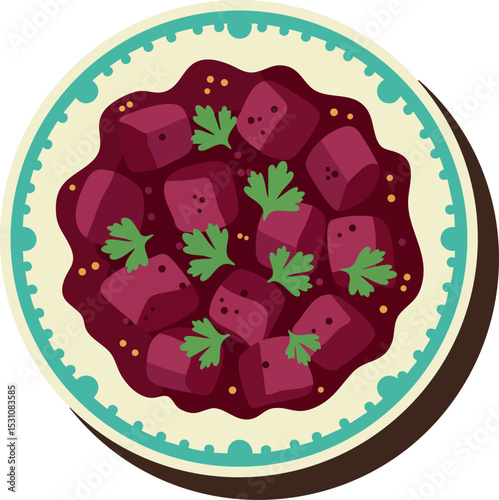 Beef stew with parsley garnish on decorative plate vector illustration food dish 