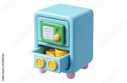 3D Money Cabinet with Coins and Bills – Finance Storage Icon in PNG