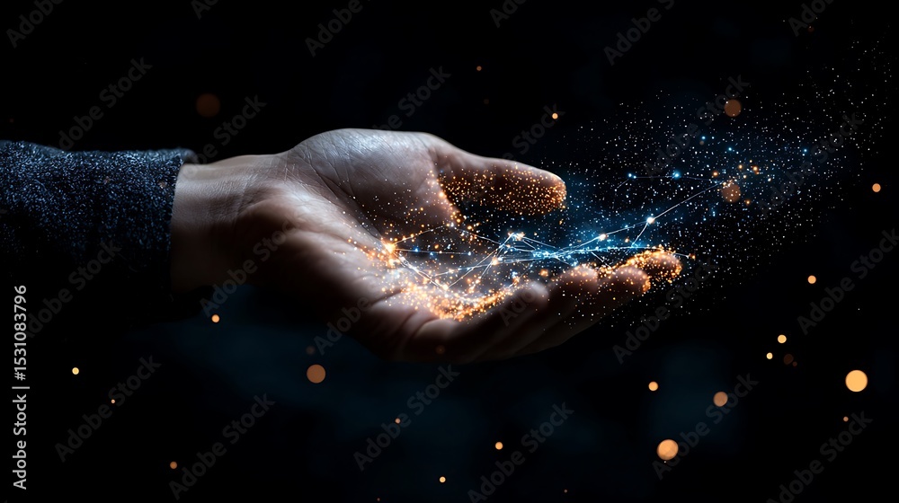 Fototapeta premium Glowing Particles Emanating from a Hand in Dark Space