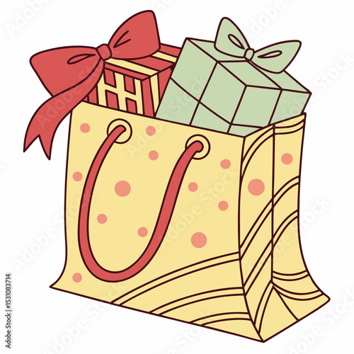 Vector illustration of a shopping bag with gifts, festive theme, holiday preparation