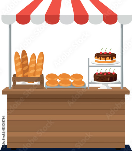 Bakery Market Stall with Bread and Cakes Vector Illustration for Food Business 