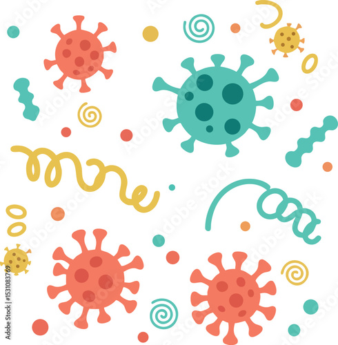 Colorful virus and bacteria shapes pattern with abstract swirls and dots vector illustration 