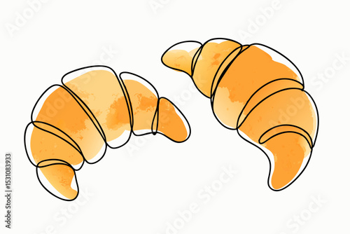Croissants one line drawing with watercolor fill, minimalistic vector illustration on white background













