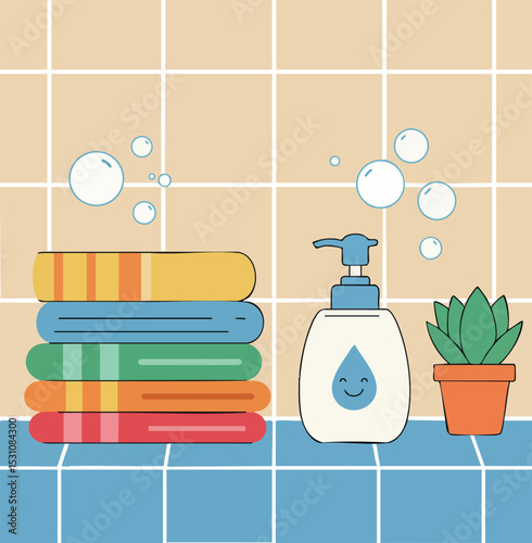 Bathroom stacked towels soap dispenser and small plant vector illustration with bubbles 