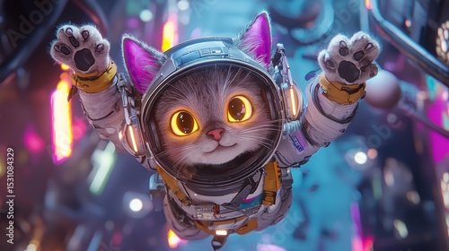 Cute cat astronaut floating in vibrant space