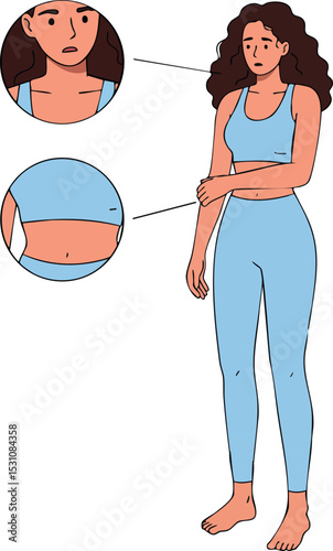 Young woman in blue outfit with body pain illustration for health awareness vector 