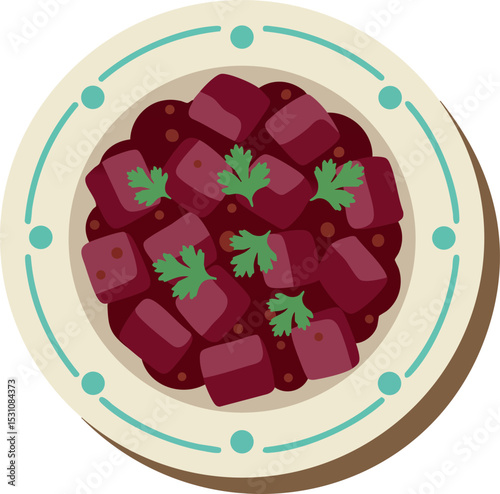 Plate of cooked beetroot cubes with fresh parsley garnish vector illustration 