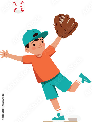 Boy catching baseball with glove in turquoise cap orange shirt active play vector illustration 