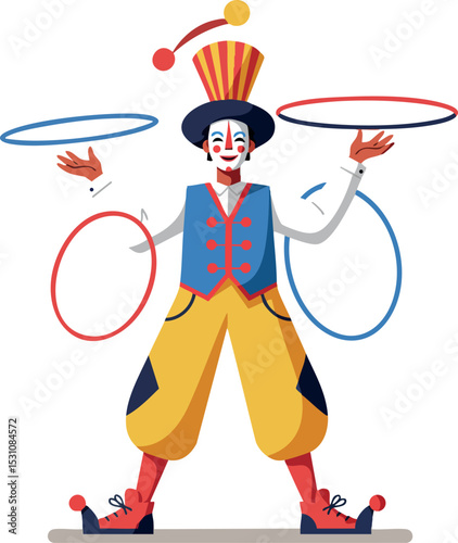 Circus clown juggling colorful rings in vibrant costume vector illustration 