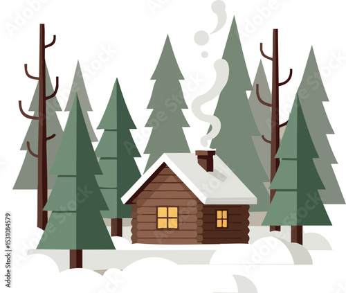 Cozy wooden cabin in snowy pine forest winter landscape vector illustration 