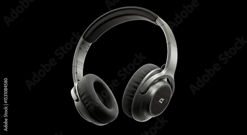 Silver And Black Headphones Isolated On Black Background Showing Detail