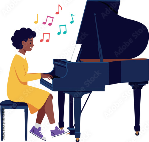 Child playing grand piano in yellow dress with musical notes vector illustration 