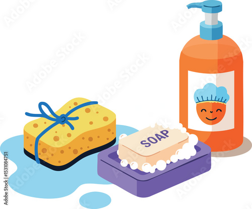 Cleaning supplies with sponge soap bar and liquid soap dispenser vector illustration 