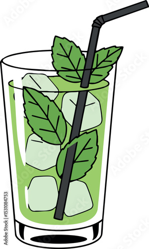 Mint Mojito Cocktail with Ice Cubes and Straw Vector Illustration in Green and Black Colors 