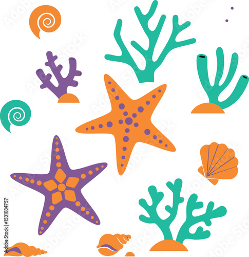 Colorful starfish and coral reef elements in playful ocean-themed vector illustration 