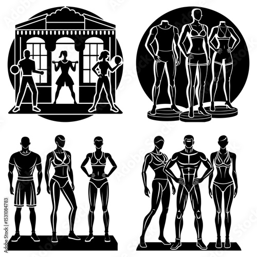 Black and white illustration showcasing fitness activities and mannequin displays of athletic wear apparel