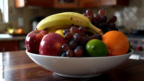 Kitchen Countertop Fruit Bowl: Apples, Bananas, Grapes, and Citrus