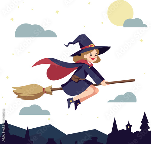 Witch flying on broomstick with red cape and hat over night landscape vector illustration 