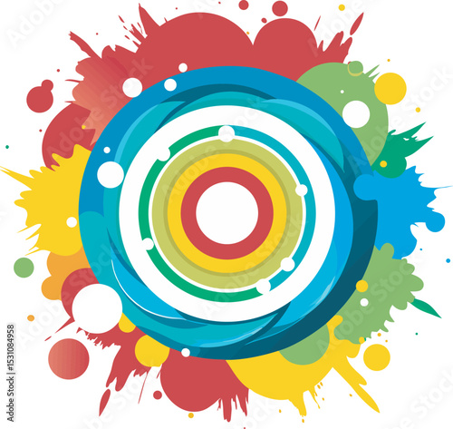 A diverse collection of decorative vector designs, ranging from intricate black and brown floral and scrollwork motifs to vibrant, multi-colored paint splatters and concentric circles, showcasing vari