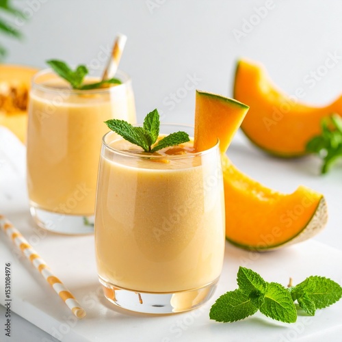Smoothie au melon, sirop de fleur d'oranger, bananes, avec quelques feuilles de menthe. Generated image