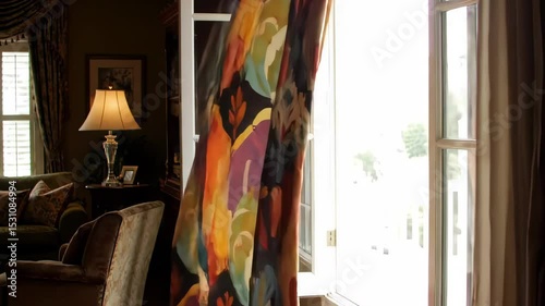 Vibrant Interior Scene with Colorful Curtains and Open Window