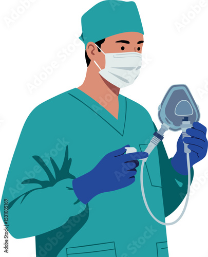 Male medical professional preparing anesthesia mask in surgical attire vector illustration