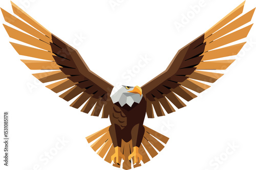 Bald eagle flying with wings spread wide vector illustration in brown orange and white colors 