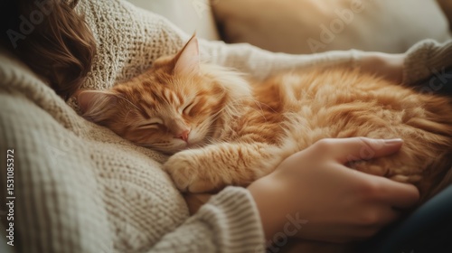 Cozy moment between a person and a sleeping orange cat in a warm living room during the afternoon