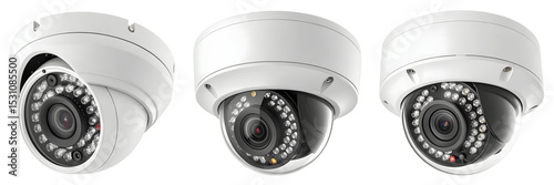 A Set for Three white dome security cameras isolated on transparent background