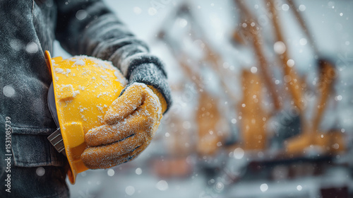 Close-up of Construction Worker with Snow-Dusted Helmet in Winter