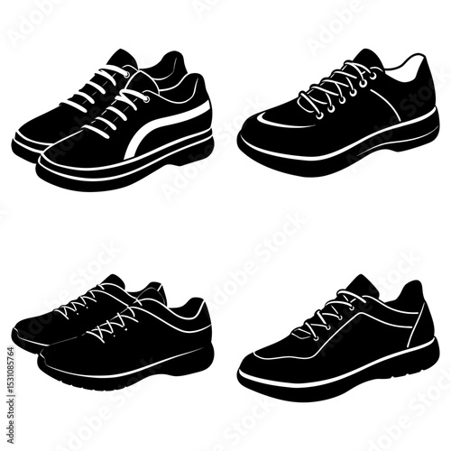 Four pairs of black and white athletic shoes with laces and different stripe designs on a white background