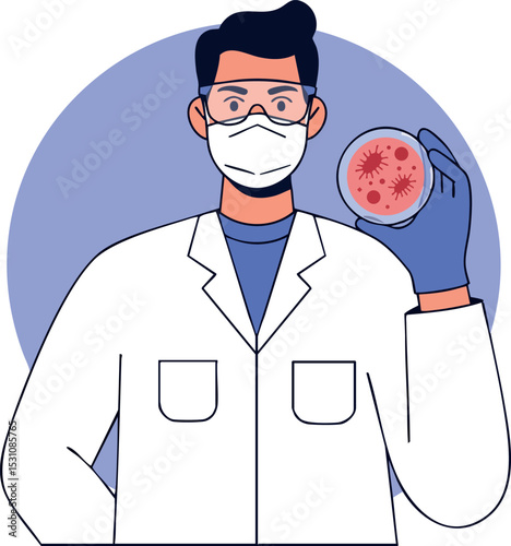 Scientist holding petri dish with bacteria vector illustration in white coat and protective mask 