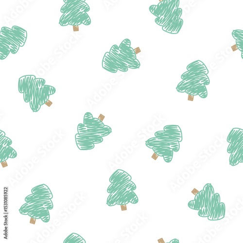 Cute seamless pattern with hand drawn fir trees. Design for fabric, gift wrapping paper, clothes, textile, surface textures, scrapbook. Vector illustration.