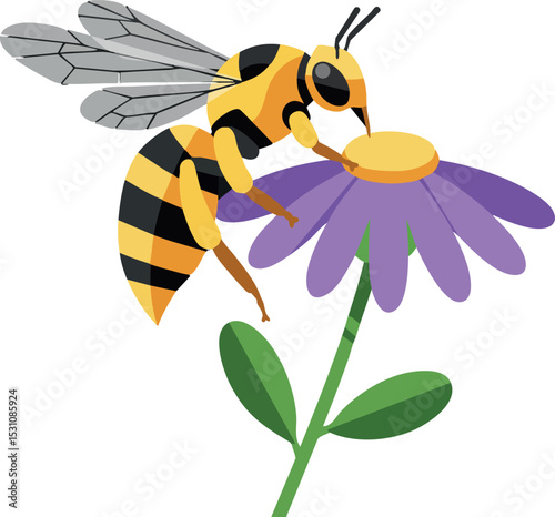Bee collecting nectar from purple flower vector illustration in flat style 