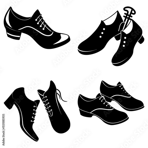 Illustration of four pairs of black and white shoes with different styles and lace up designs shown