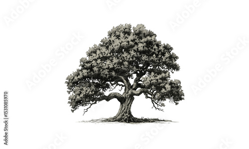 Vector illustration of Oak Tree, nature landscape, forest clipart, tree silhouette, rustic woodland, green leaves, botanical art, isolated element, countryside view, transparent background.