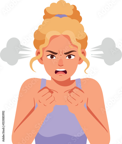 Angry woman with clenched fists and steam coming from ears frustration expression vector illustration 