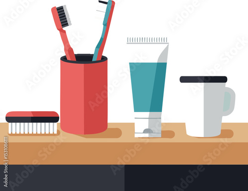 Toothbrushes toothpaste cup and brush on wooden shelf personal hygiene bathroom essentials vector illustration 