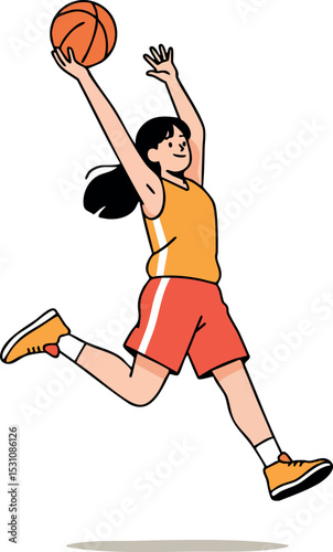 Female basketball player jumping for slam dunk in orange and red sportswear vector illustration 