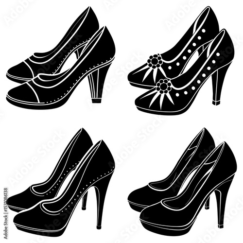 Illustration of four pairs of black high heel shoes with different patterns and embellishments on a white background