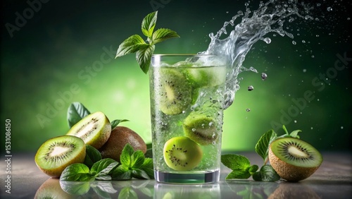 Refreshing Kiwi and Mint Infused Sparkling Water with Splashing Action