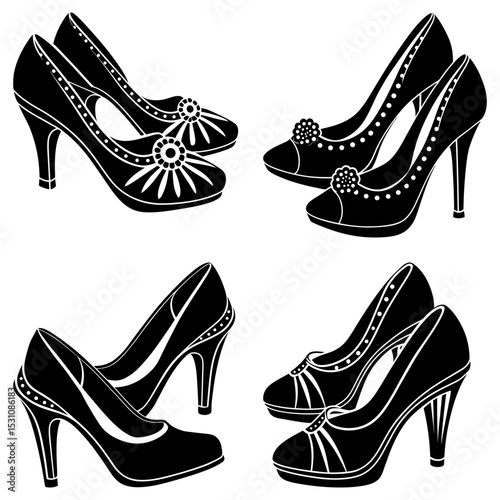 Four pairs of elegant black high heel shoes with decorative accents arranged on a white background
