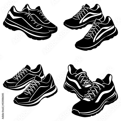 Illustration showing four pairs of running shoes with laces in a black and white color scheme style