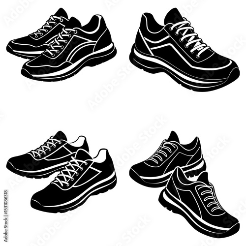 Four pairs of running shoes in black and white with laces and striped designs in a graphic style