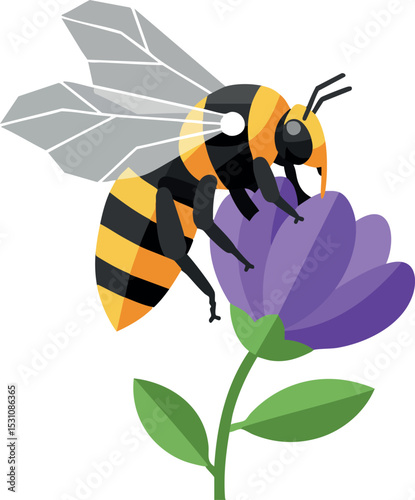 Bee Collecting Nectar from Purple Flower Vector Illustration with Green Leaves 